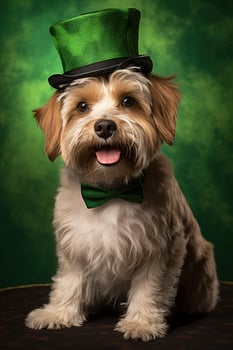 Cute puppy in green top hat. St. Patrick's Day. AI generated photo