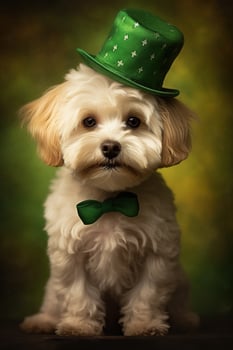 Cute puppy in green top hat. St. Patrick's Day. AI generated photo