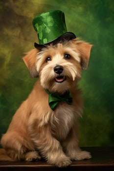 Cute puppy in green top hat. St. Patrick's Day. AI generated photo