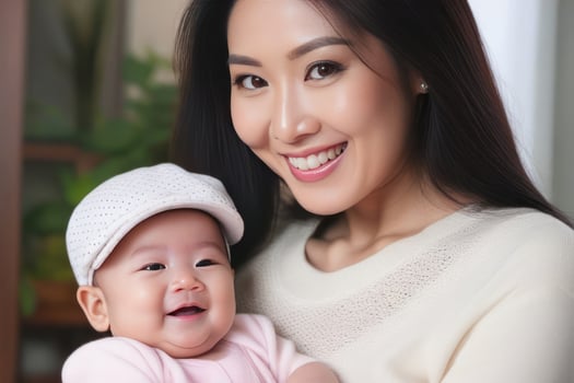 Beautiful young smiling asian mom hugs happy baby. Concept of family love and happiness. photo
