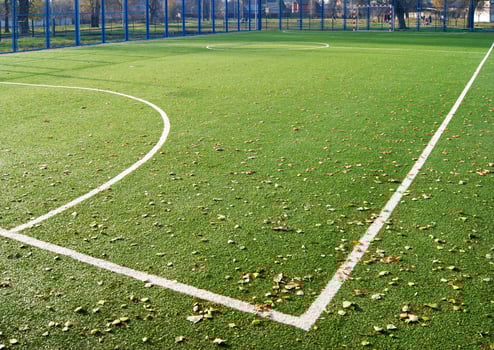 Green artificial turf football field in the park. White markings. photo