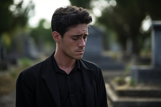 Portrait of a sad and depressed man in a black coat on the background of a cemetery.Funeral Concept AI generated photo