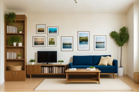 Cozy sofa against wall with poster frame and shelving unit. photo