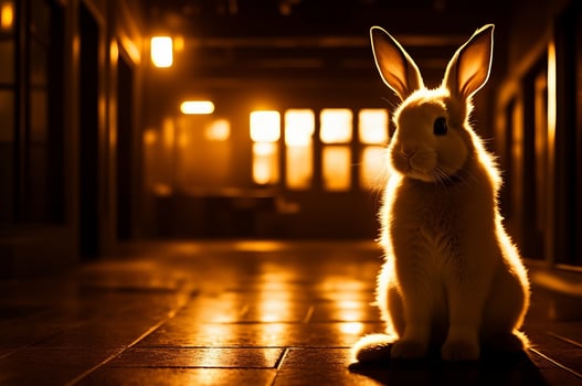 A cute bunny in a long illuminated lab hallway. photo