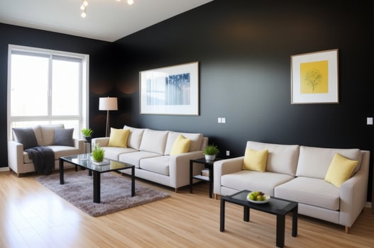 Interior design of modern apartment, living room with black stuco walls and dining room. photo