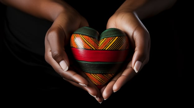 Loving hands embrace carved heart against dark backdrop. AI Generated photo
