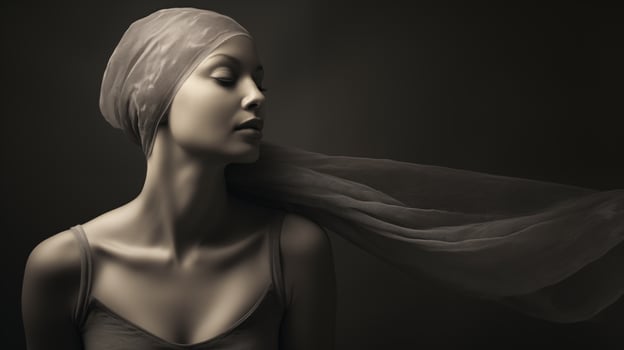 Embracing strength in gray tones on World Cancer Day. A woman, head adorned with a scarf, stands resilient against a muted backdrop. AI Generated photo