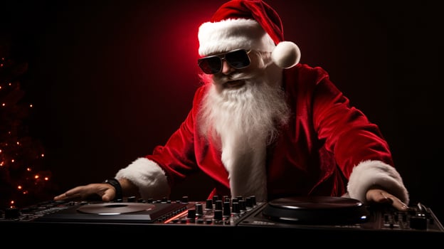 ai generative Cool santa with sunglasses at the dj set mixing console, making a party photo