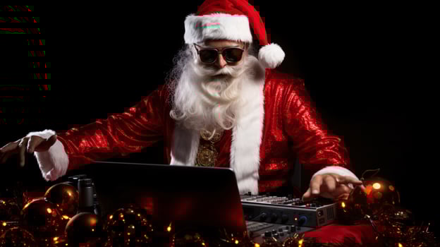 ai generative Cool santa with sunglasses at the dj set mixing console, making a party photo