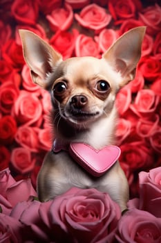 Portrait valentines of a cute chihuahua dog with roses AI generated photo