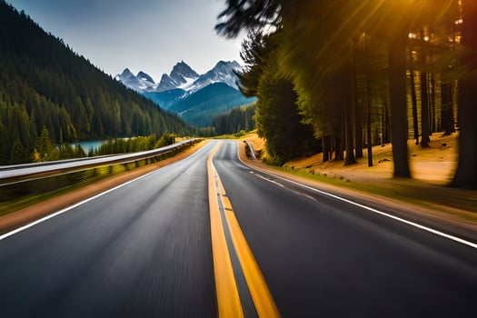 a road with mountains in the background. AI-Generated photo
