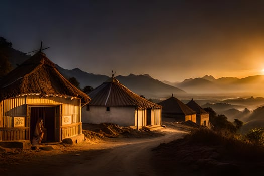 a village at sunset with thatched huts. AI-Generated photo