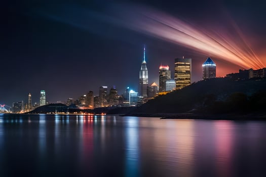 the city skyline at night with lights reflecting off the water. AI-Generated photo