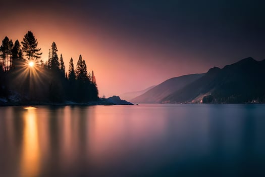 the sun is setting over a lake and trees. AI-Generated photo