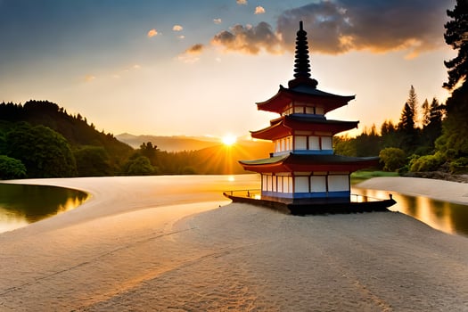 a pagoda sits on the sand at sunset. AI-Generated photo
