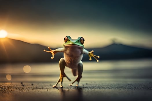 a frog is standing on its hind legs in the sun. AI-Generated photo