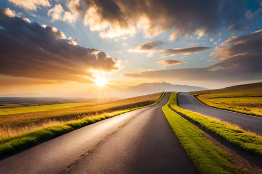 the sun shines over a long road in the middle of a field. AI-Generated photo