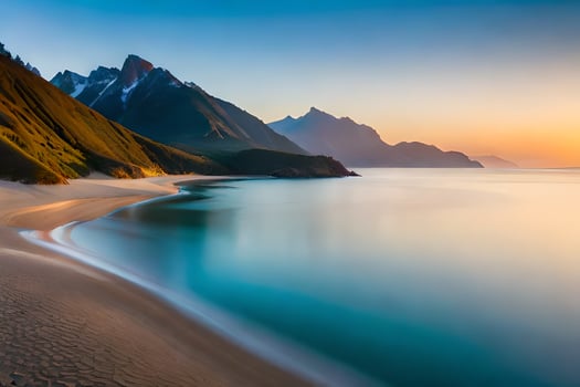 a beach and mountains at sunset. AI-Generated photo