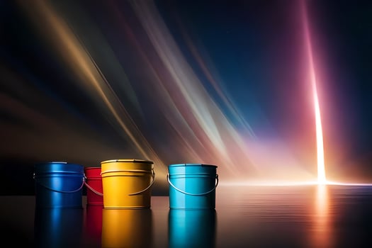 three buckets of paint on a dark background. AI-Generated photo