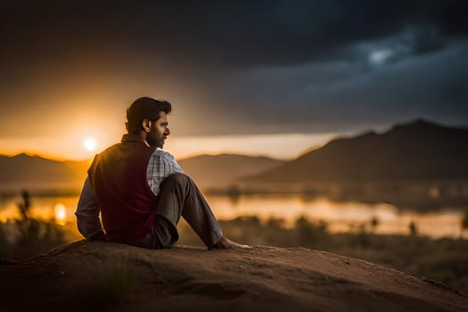a man sitting on a rock at sunset. AI-Generated photo