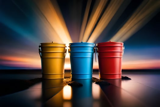 three colorful buckets sitting on a dark surface. AI-Generated photo