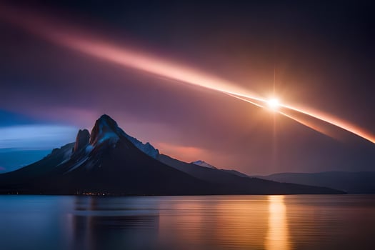 the sun is shining over a mountain and water. AI-Generated photo