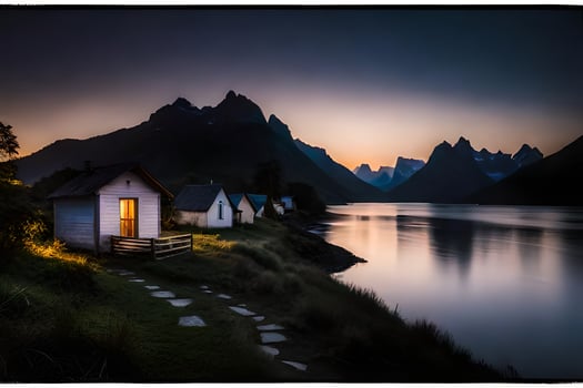 a cabin by the water at sunset. AI-Generated photo