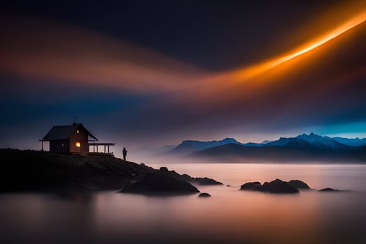 a house on the shore of a lake at night. AI-Generated photo