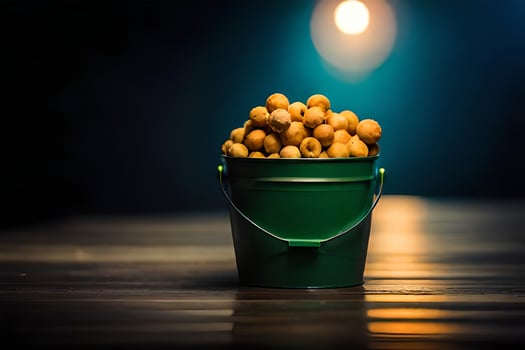 a bucket filled with nuts on a table. AI-Generated photo
