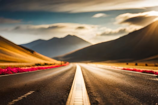 a long empty road with flowers in the middle. AI-Generated photo