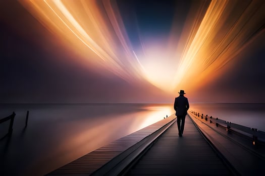a man walks along a pier at sunset. AI-Generated photo