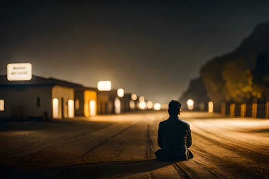 a man sits alone in the middle of a road at night. AI-Generated photo