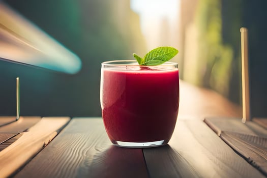 a glass of red juice on a table. AI-Generated photo