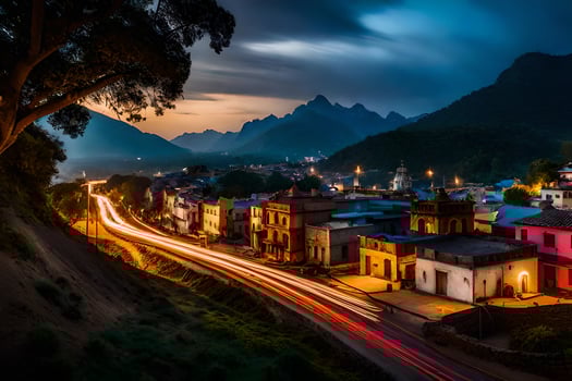 a town at dusk with a mountain in the background. AI-Generated photo