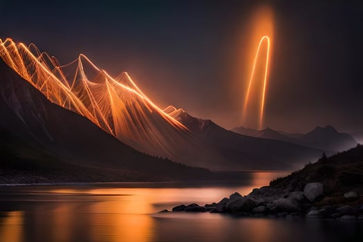 a long exposure photograph of a mountain range with light trails. AI-Generated photo