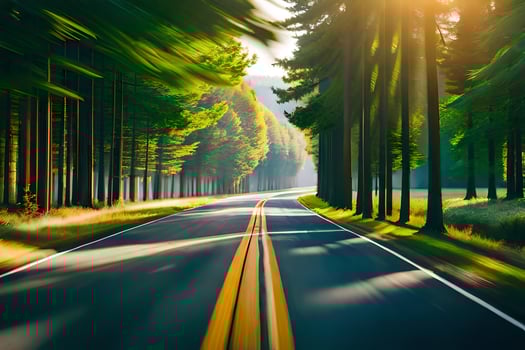 a road in the forest with trees and sun. AI-Generated photo