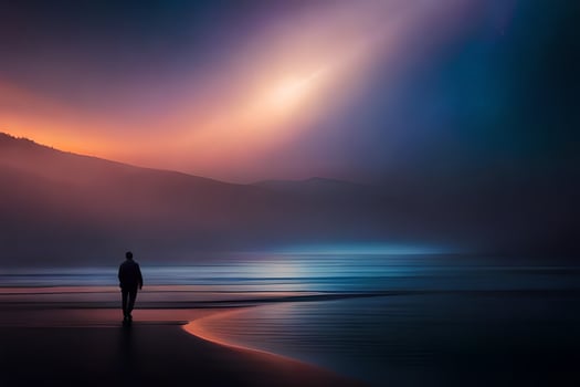 a man standing on the beach at night. AI-Generated photo