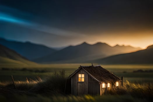 a small house in the middle of a field. AI-Generated photo