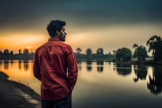 a man in red shirt standing by the water at sunset. AI-Generated photo