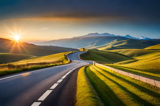 the sun sets over a road in the mountains. AI-Generated photo