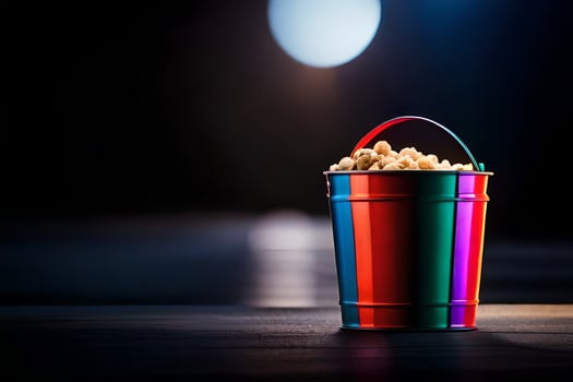 a bucket of popcorn on a dark table. AI-Generated photo