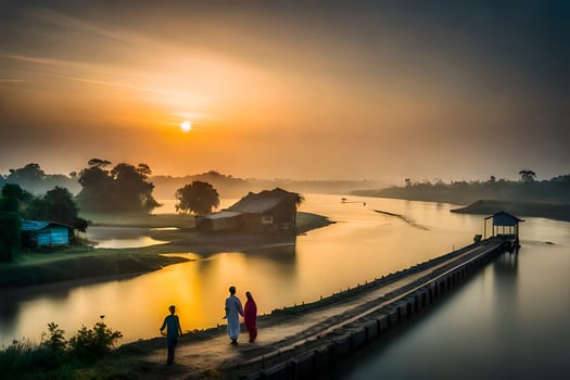 two people walk along a bridge at sunset. AI-Generated photo