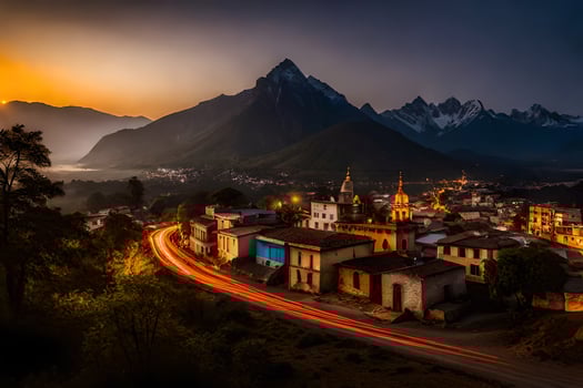 a town and mountains at sunset. AI-Generated photo