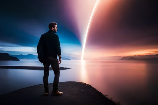 a man standing on a rock looking at a rocket. AI-Generated photo