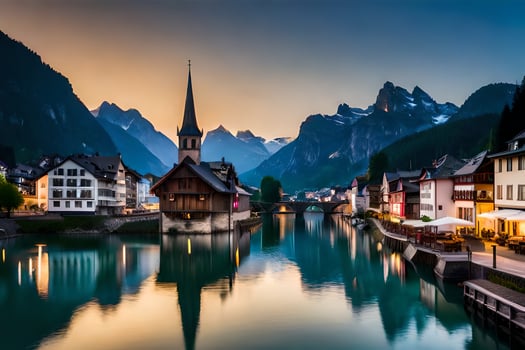 a river runs through a town at sunset. AI-Generated photo