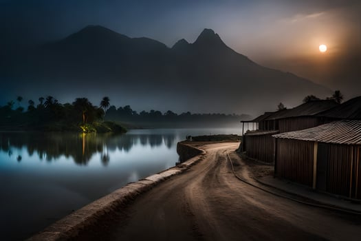 a road leading to a lake and mountains in the background. AI-Generated photo
