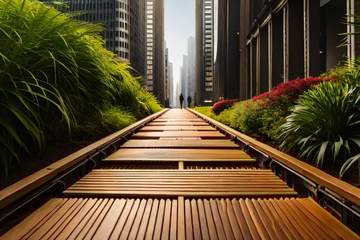 a walkway in the city with tall buildings. AI-Generated photo