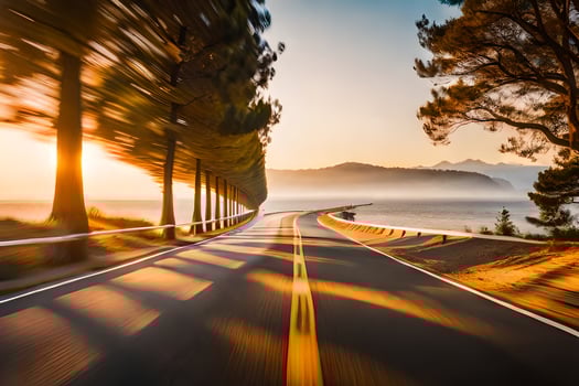a road with trees and a sunset in the background. AI-Generated photo