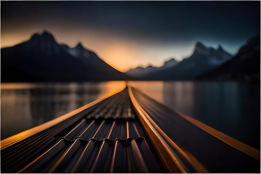 a boat on the water at sunset with mountains in the background. AI-Generated photo