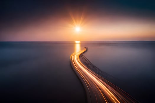 a long exposure photograph of a car driving on a road in front of the sun. AI-Generated photo